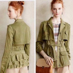 Anthropologie Hei Hei Green Military Style Ruffle Back Utility Jacket